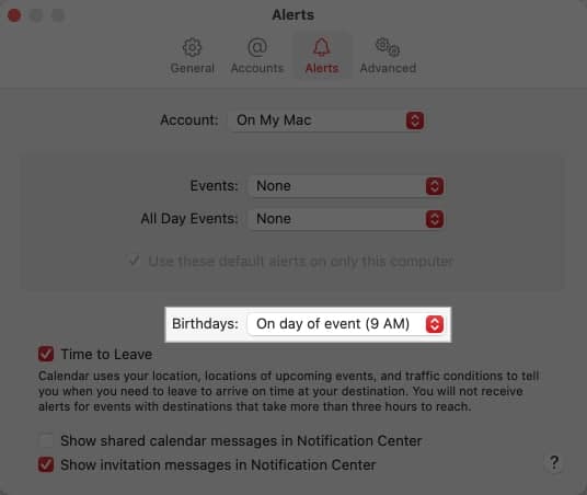 Choosing time for birthday alert in the macOS Calendar app on a Mac.