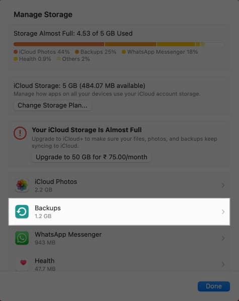 Backups option in Mac System Settings.