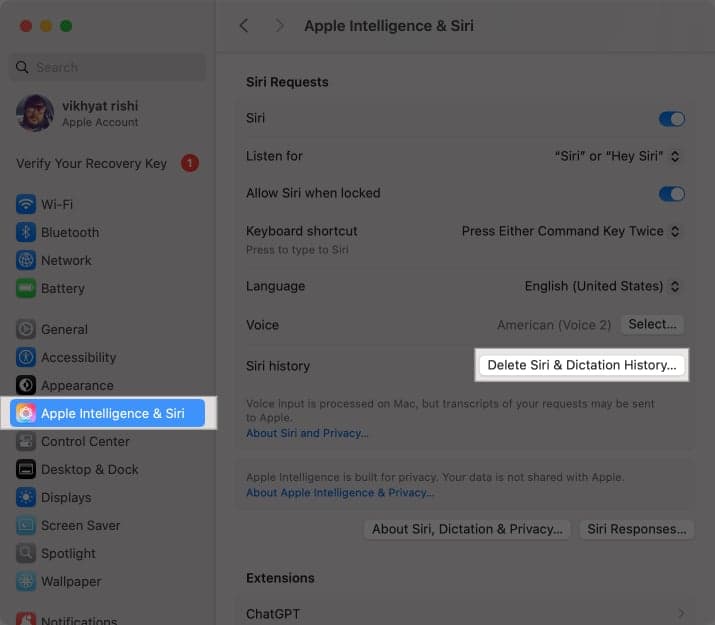 Delete Siri & Dictation History button in Apple System Settings app on a Mac.
