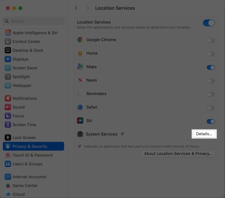 Accessing System Services details in Mac System Settings app.