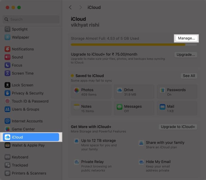 Manage option in macOS System Settings app to access iCloud storage.