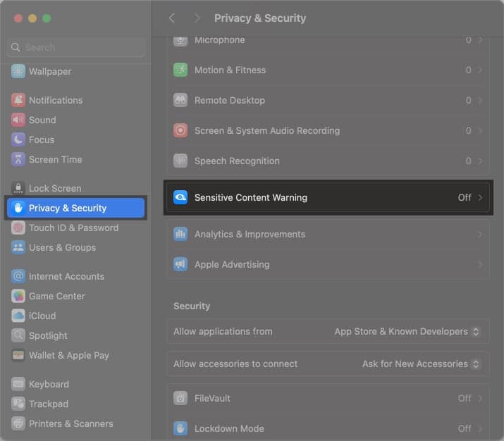 Click on Sensitive Content Warning from Privacy and Security settings on Mac.