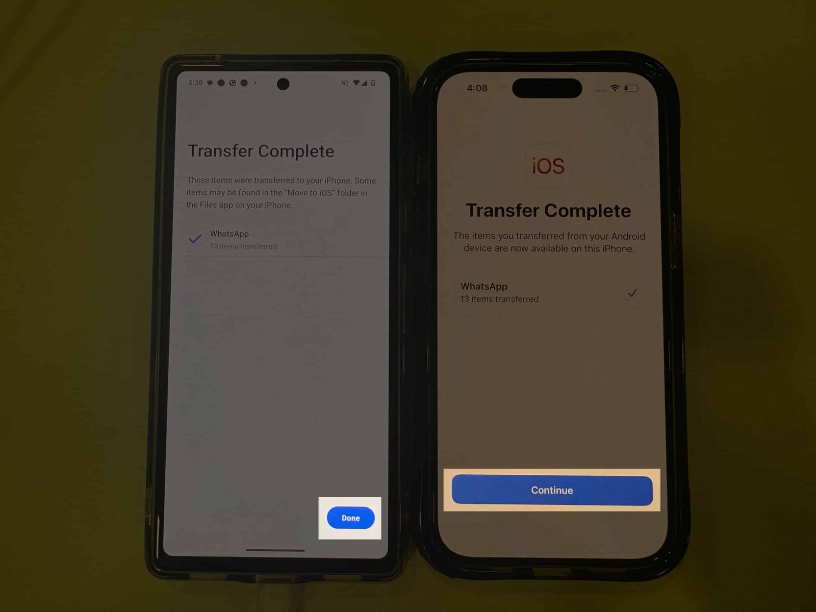 Completing transfer of WhatsApp data from Android to iPhone.