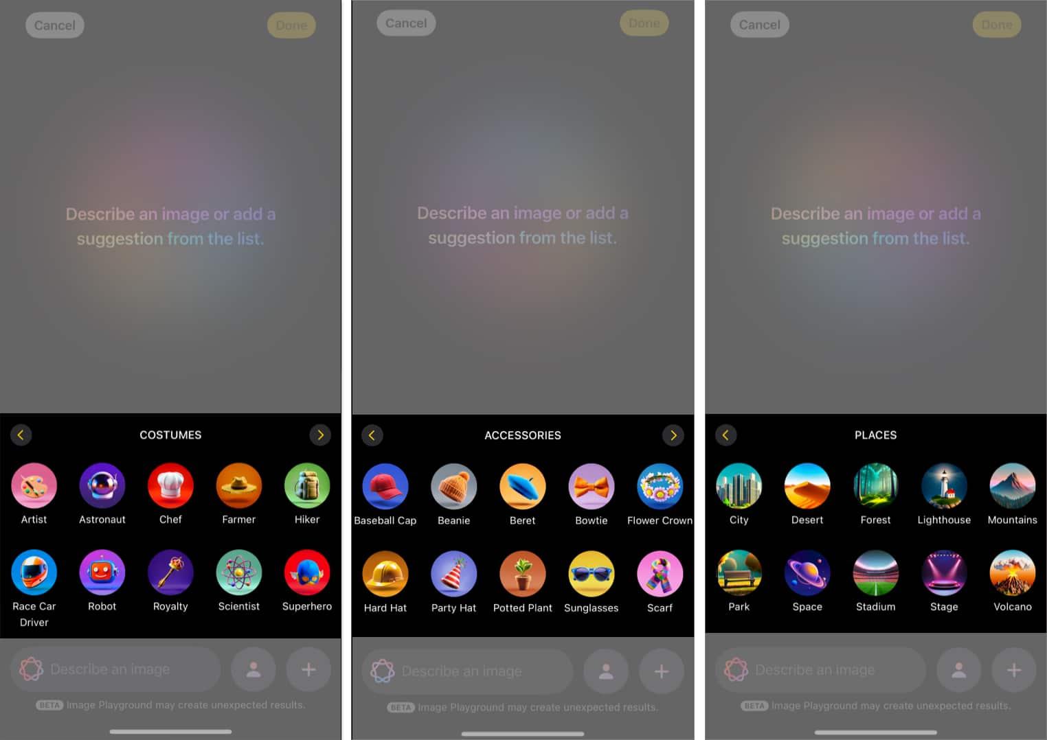 Costume, Accessories, and Places suggestions in Apple's Image Playground app on an iPhone.