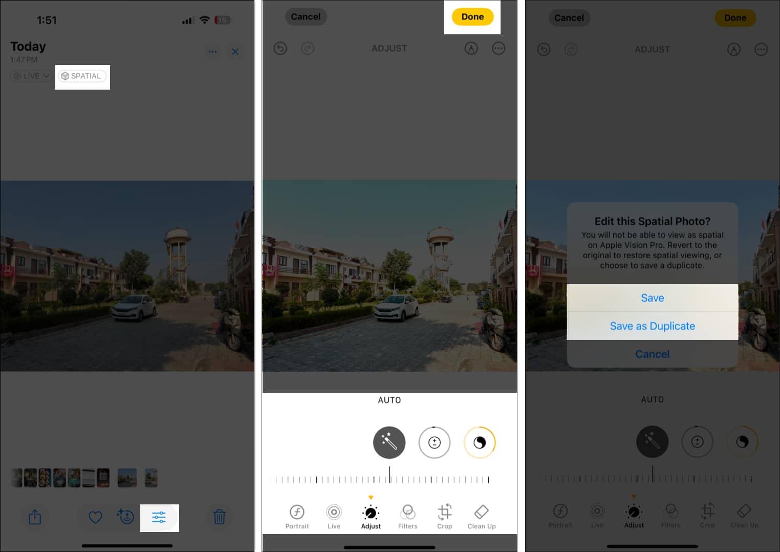 Editing Spatial photo in Photos app on iPhone.