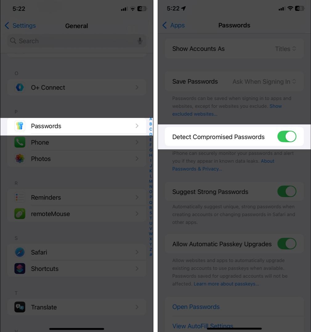 Enable Detect Compromised Passwords in iPhone Settings.