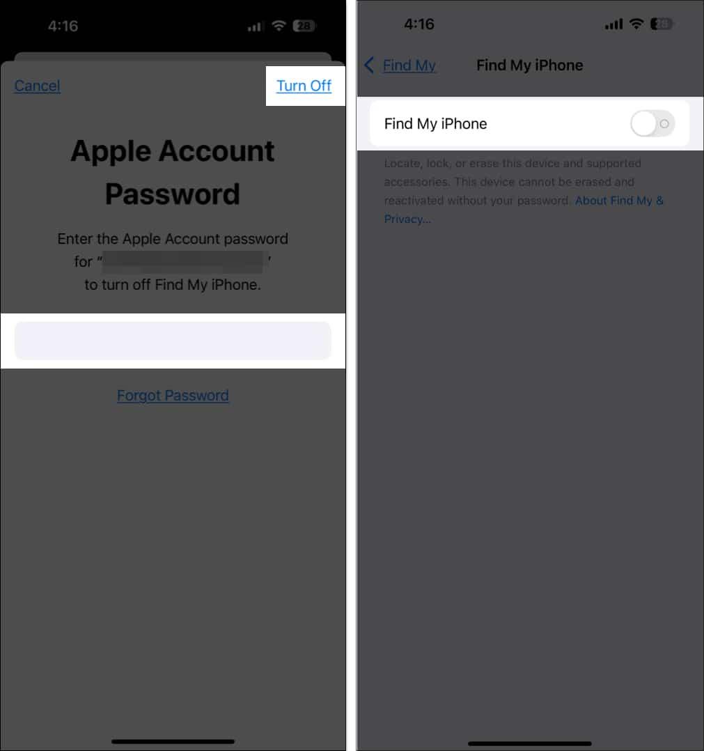 Toggling off Find My on an iPhone.