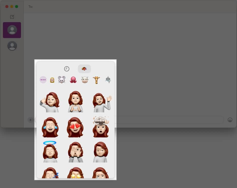 Choosing and adding a Memoji to a Messages app conversation on a Mac.