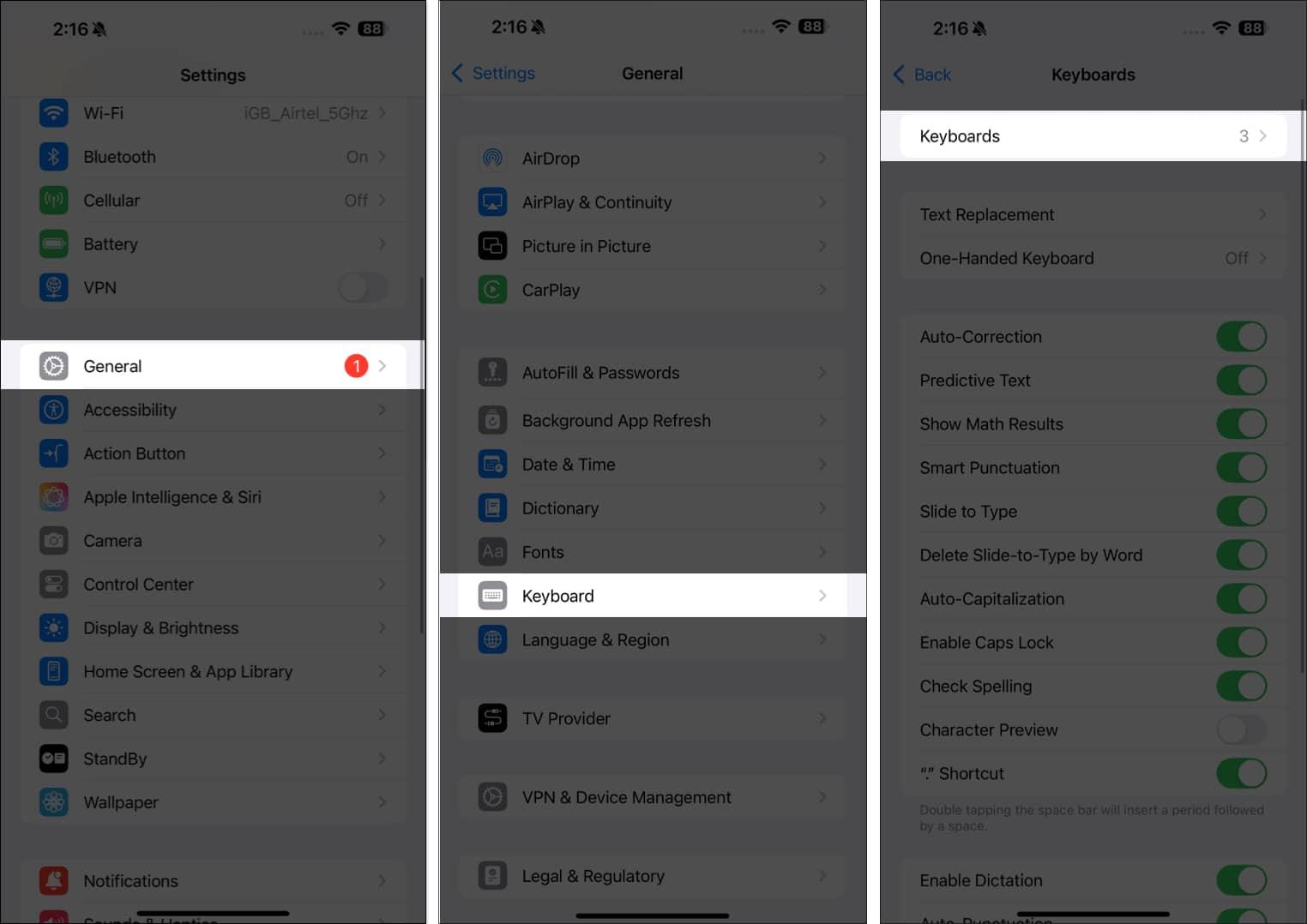 Accessing existing keyboards on in the iPhone Settings app.