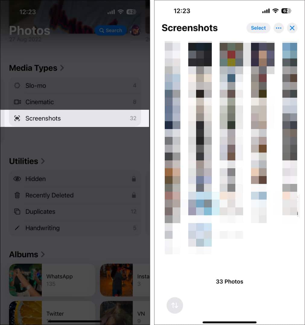 Open Screenshots in Photos App on iPhone.