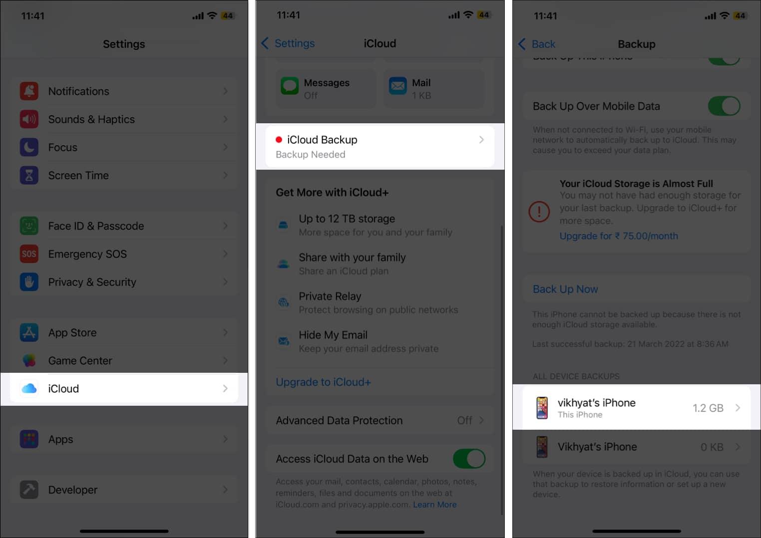 Selecting a device backup to delete in the iPhone Settings app.