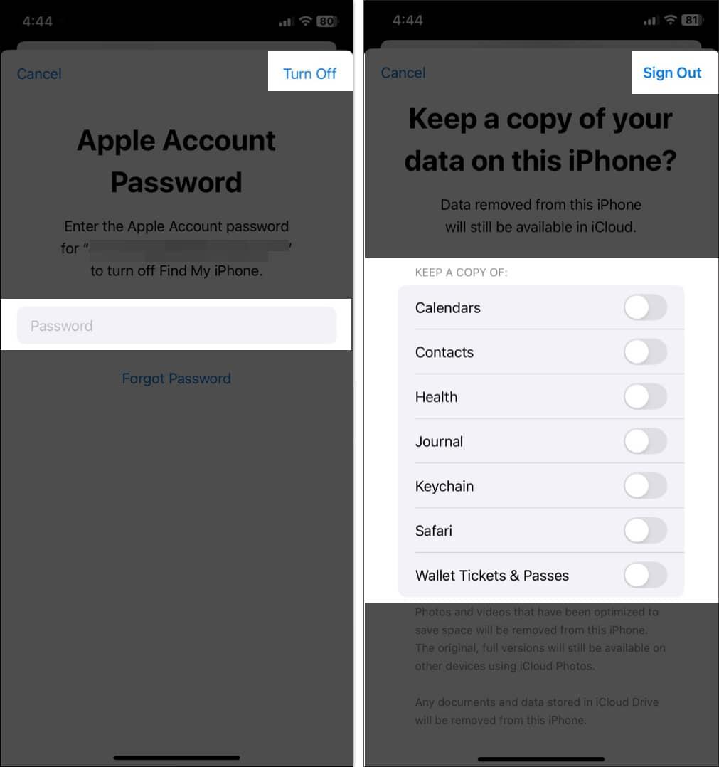 Signing out of Apple ID on an iPhone.