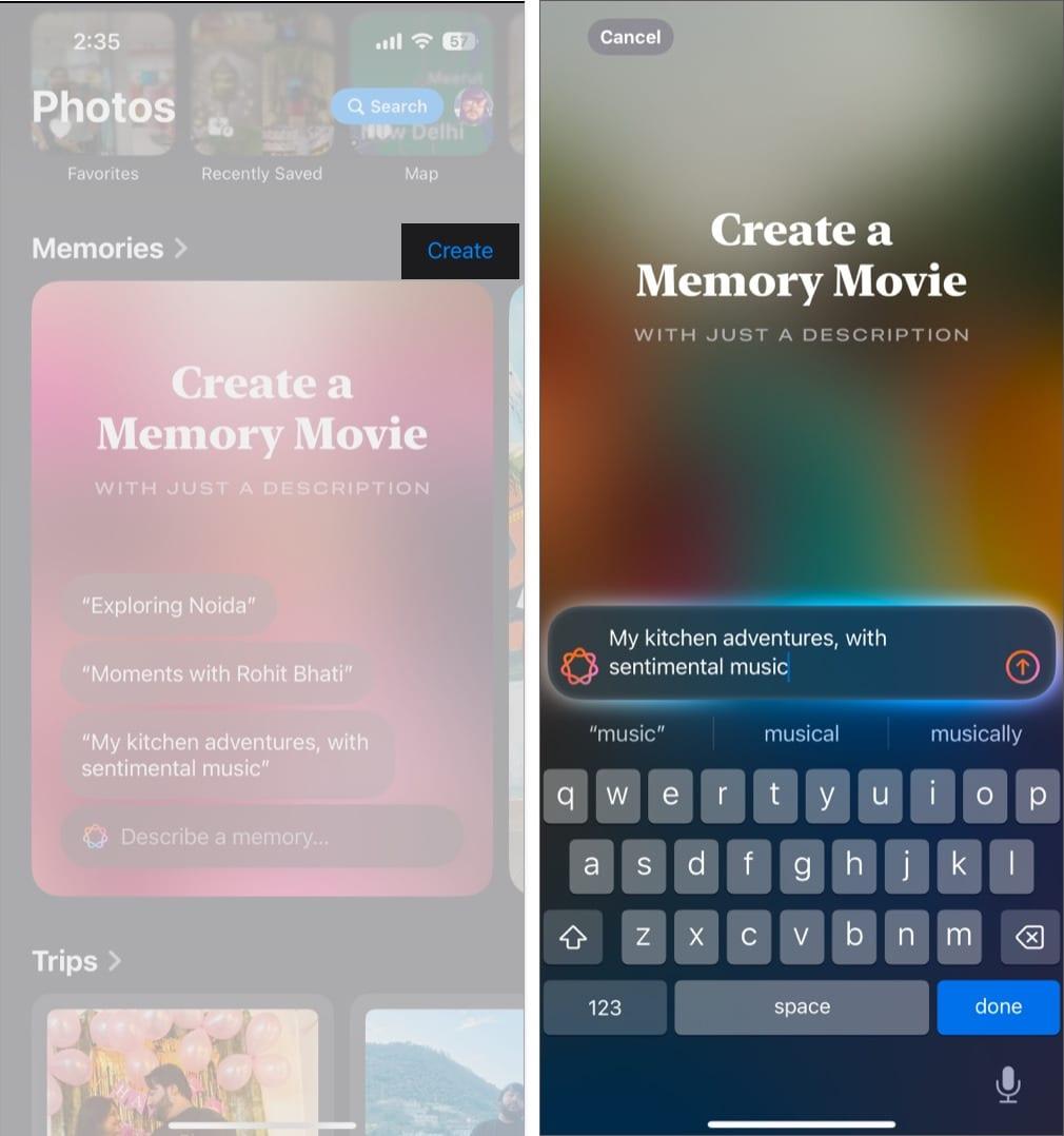 Memory movie creation prompt in the Photos app on an iPhone.
