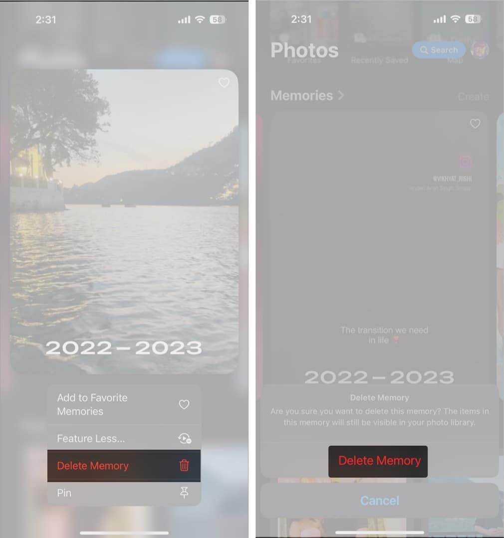 Delete Memory button in the iOS Photos app to delete a memory movie on an iPhone.