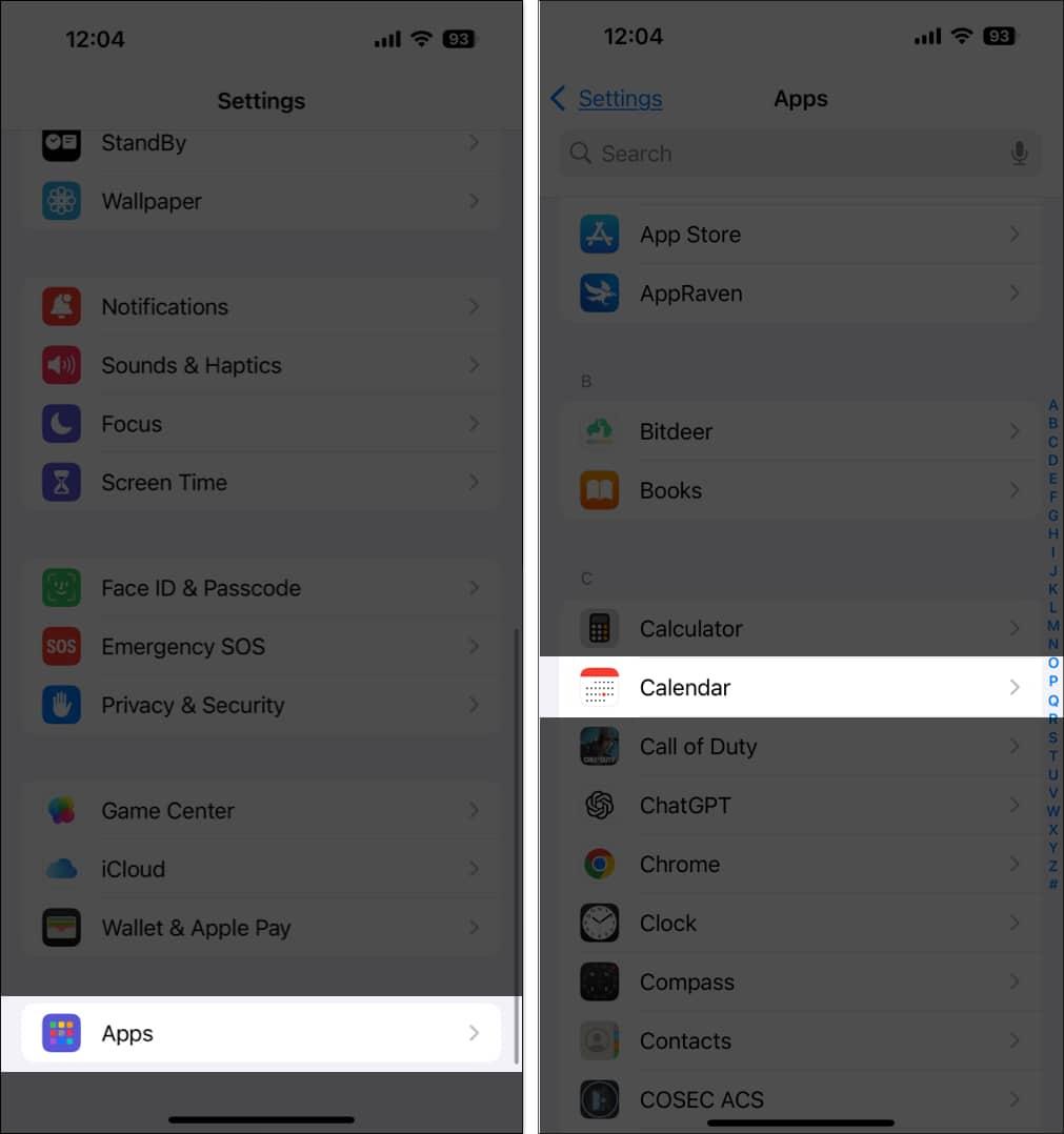 Accessing the Calendar app settings in the Settings app on an iPhone.