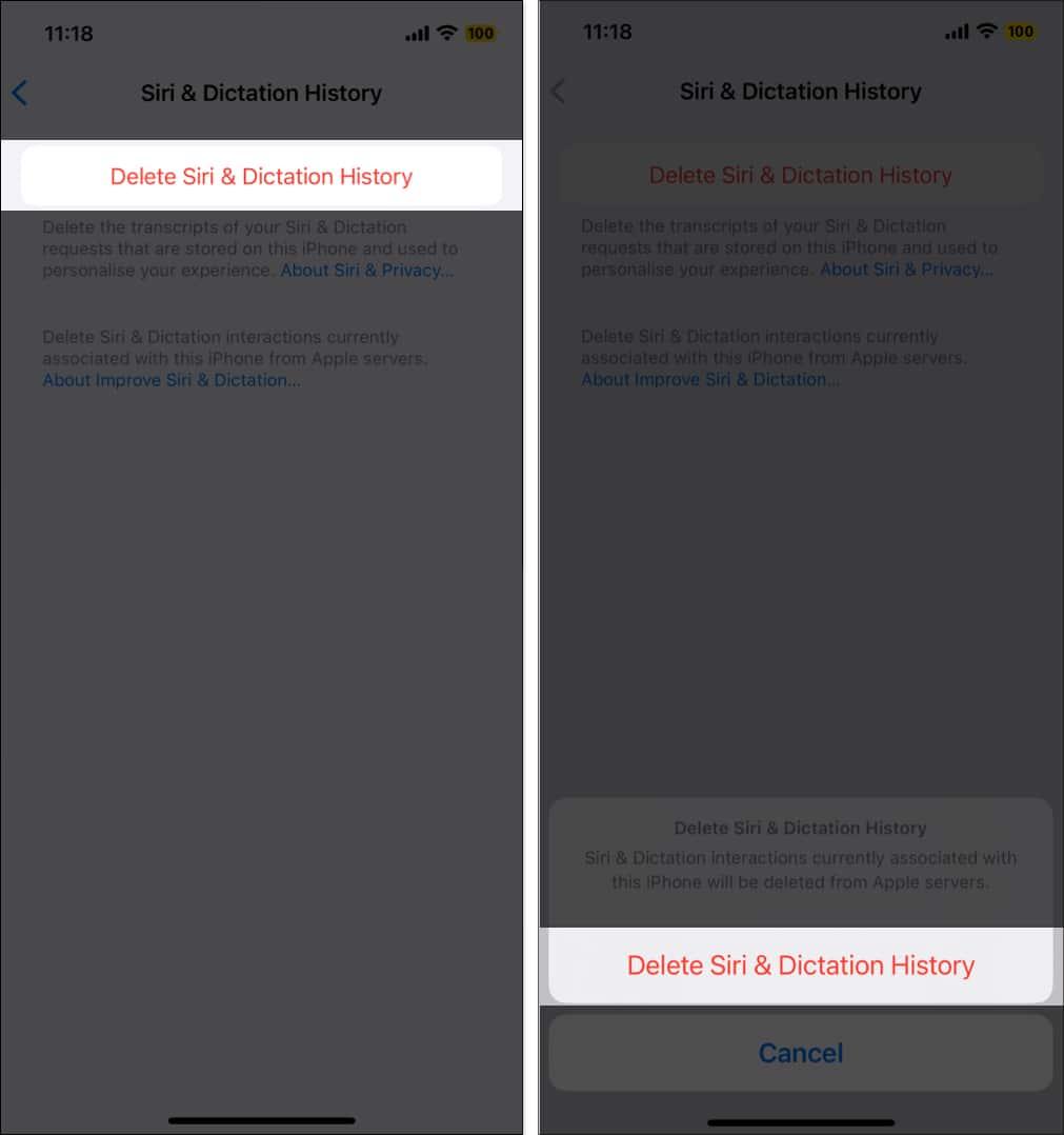 Deleting Siri and dictation history on an iPhone.