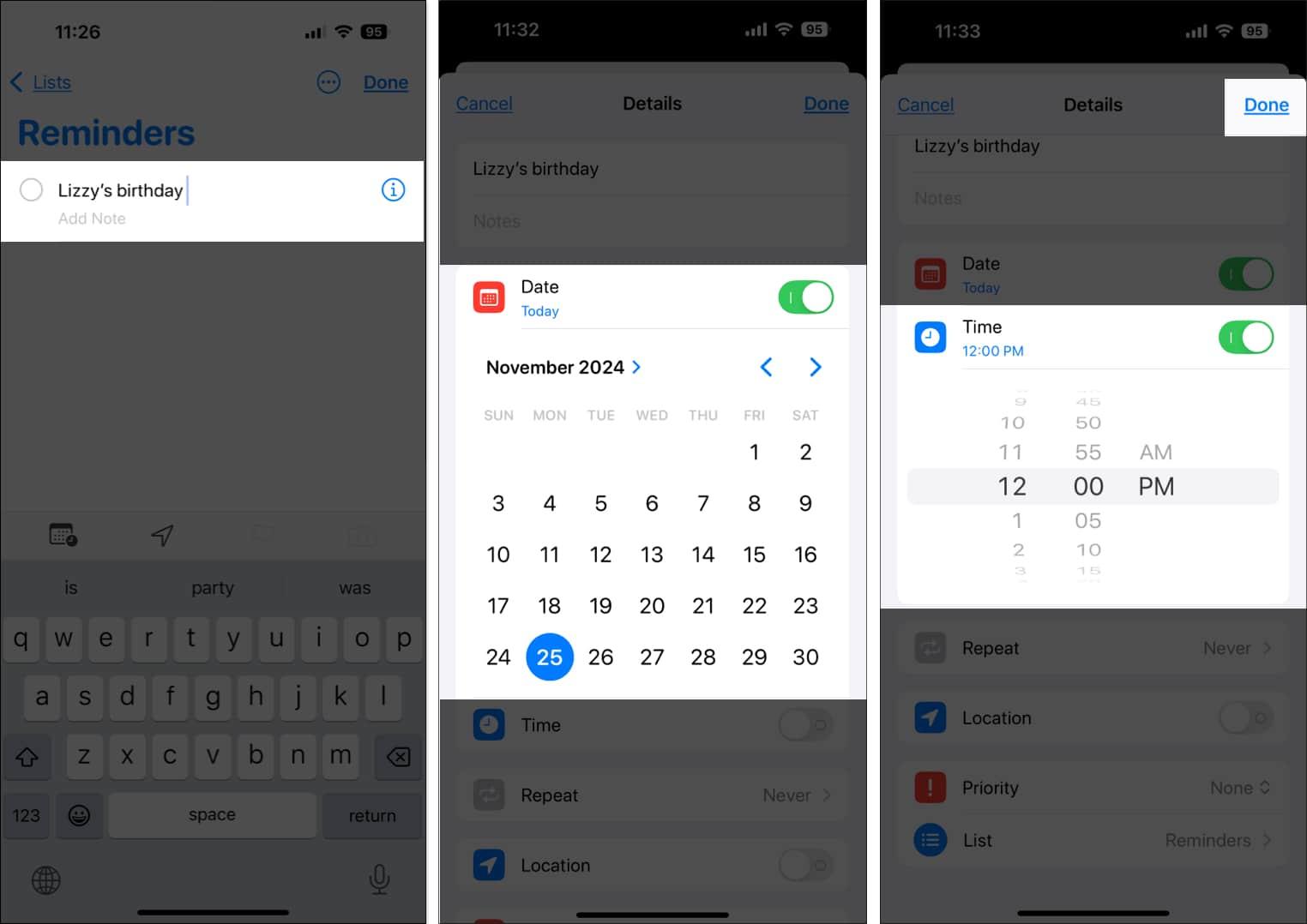 Setting up a reminder in the iOS Reminders app.