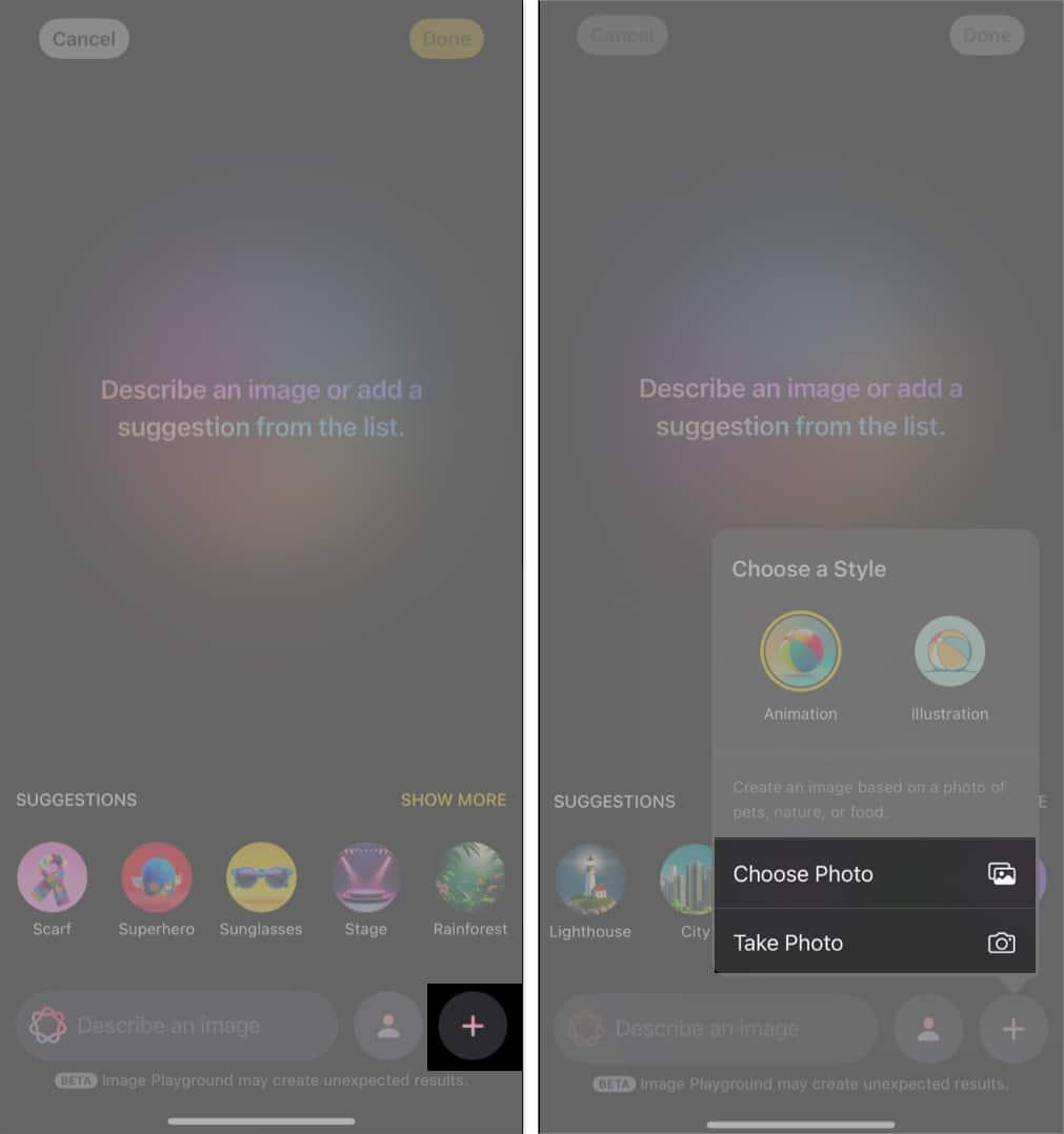 Uploading a photo in the Image Playground app to generate AI images.