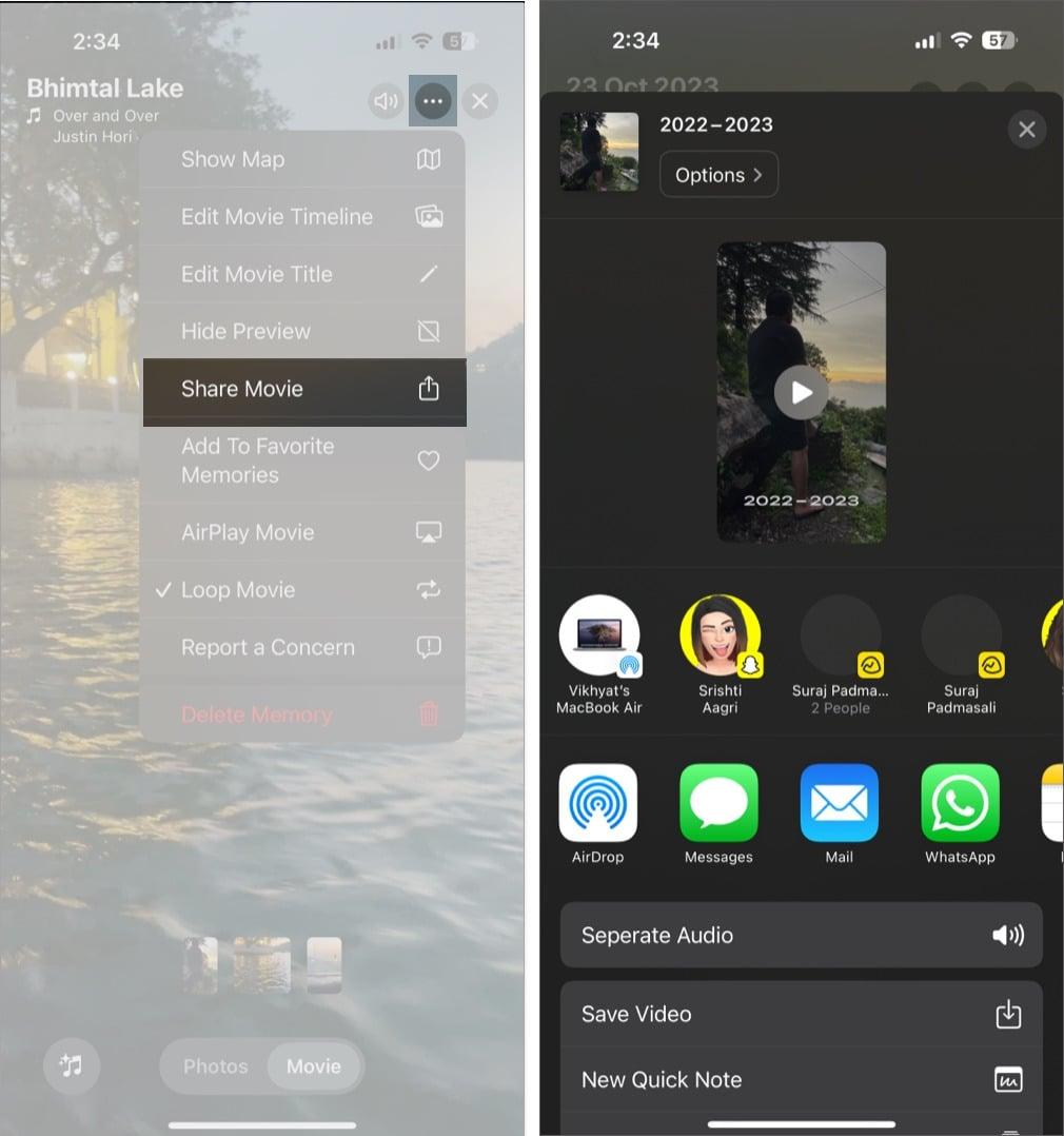 Share Movie option in the Photos app to share a created memory movie.