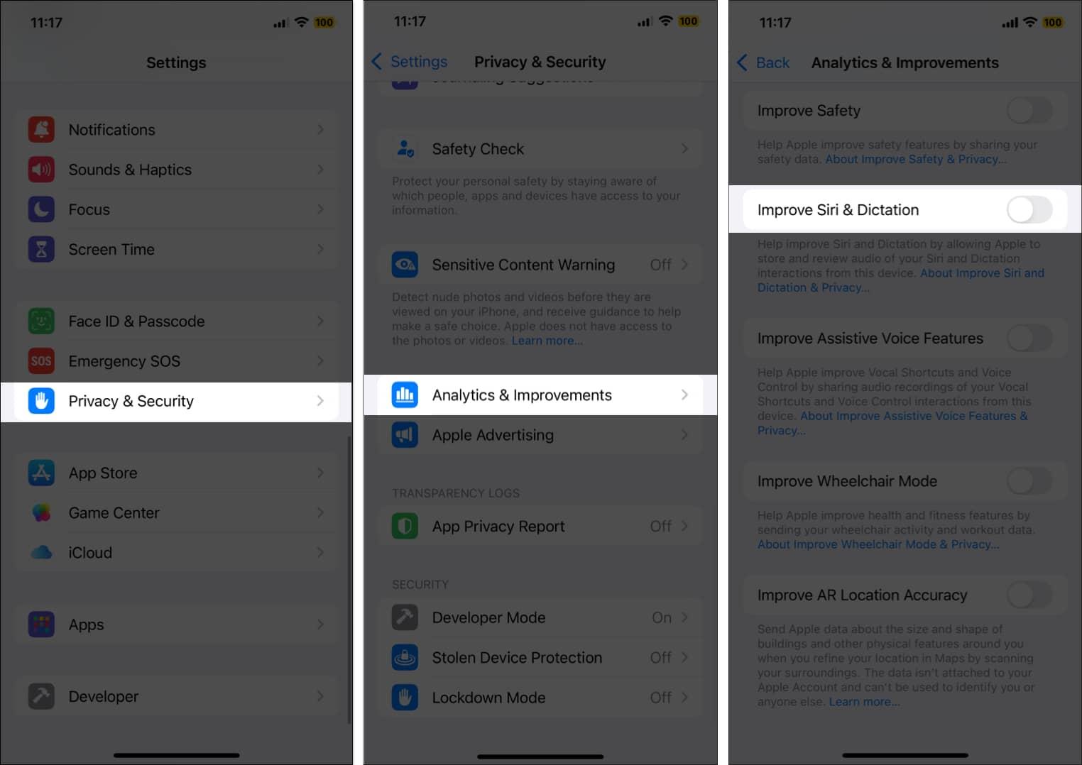 Toggling off the Improve Siri and Dictation option on an iPhone.