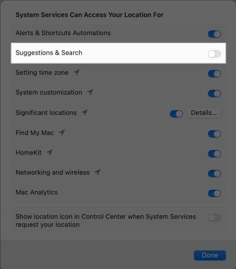 Toggling off Suggestions & Search on a Mac.
