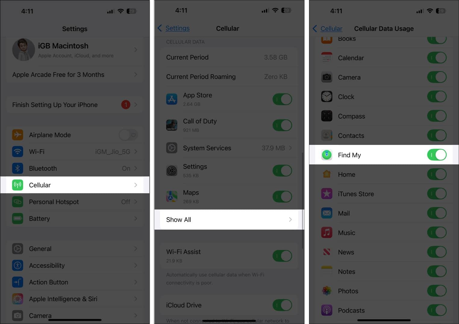 Allowing Find My to use cellular data.