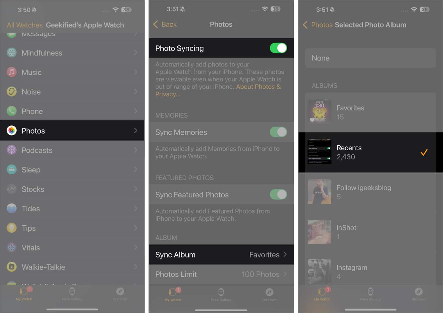 Toggle on Photo Syncing and select Recents after opening Sync Album folder in Watch app.