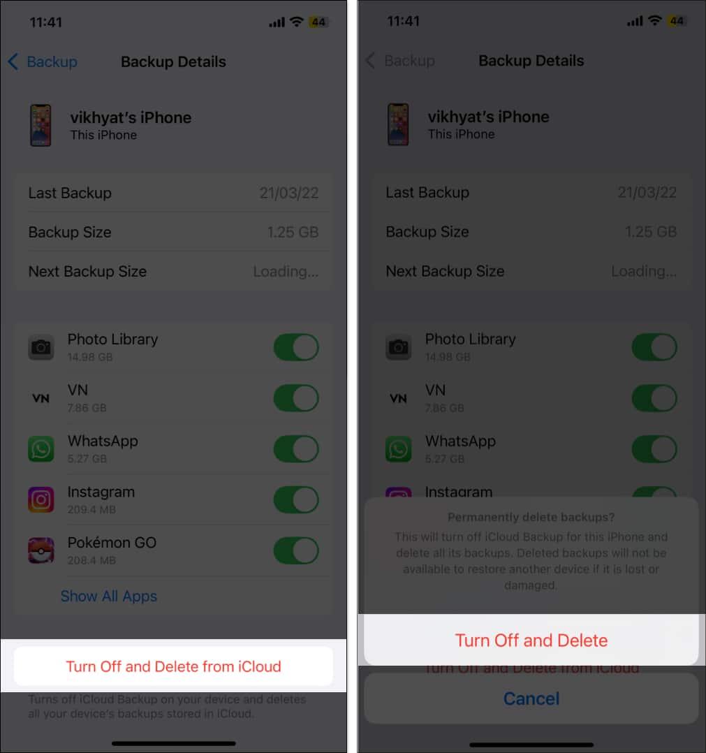 Deleting an iCloud backup for a device in iOS Settings.