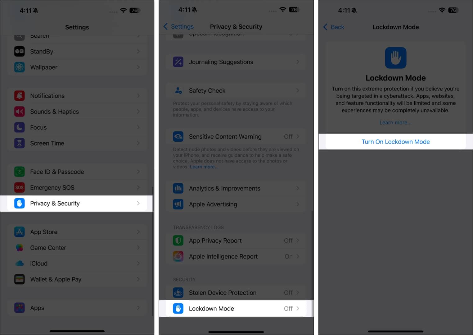 Turning on Lockdown Mode on an iPhone.