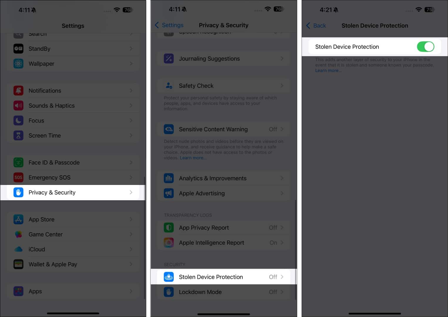 Turning on the Stolen Device Protection option on an iPhone.