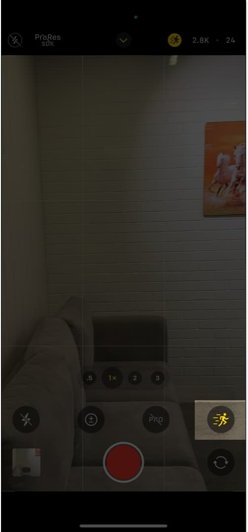 Accessing the Action mode icon by swiping up in the iPhone Camera app.