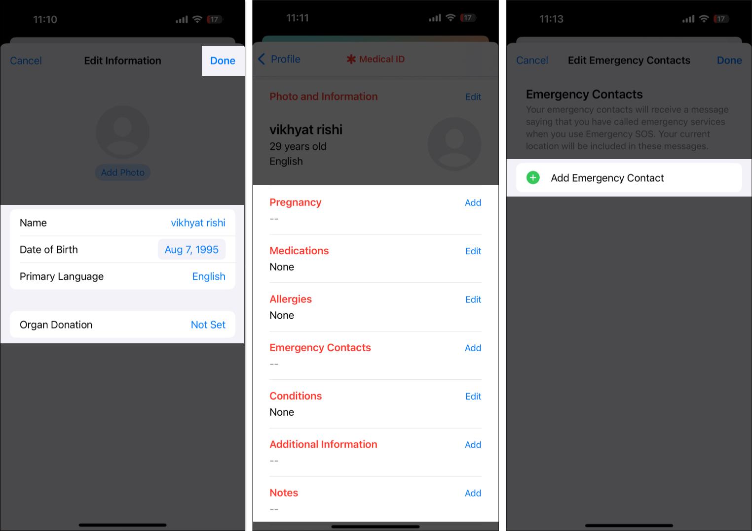 Add your details and emergency contact to set Medical ID in Health app on iPhone.