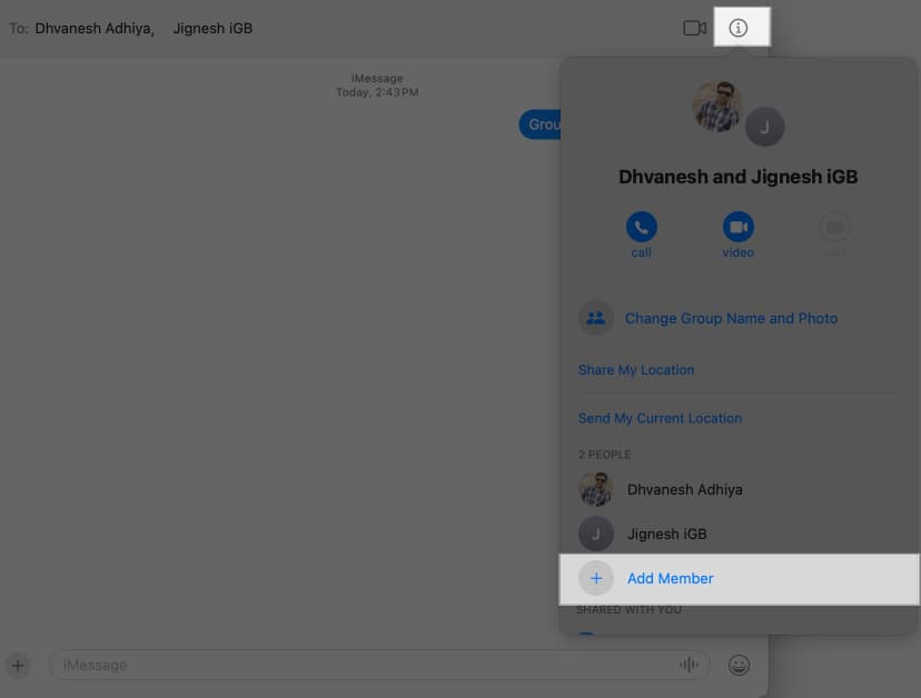 Adding a new member to a group chat in the Messages app on a Mac.