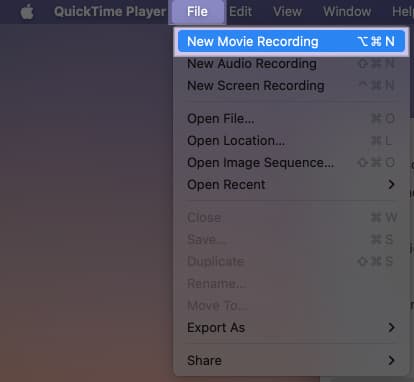 Creating a new movie recording using the QuickTime Player on a Mac.