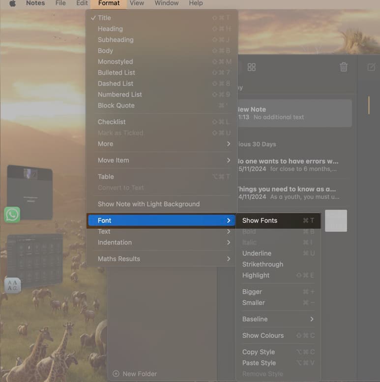 Accessing the newly-installed font in the Notes app on a Mac.