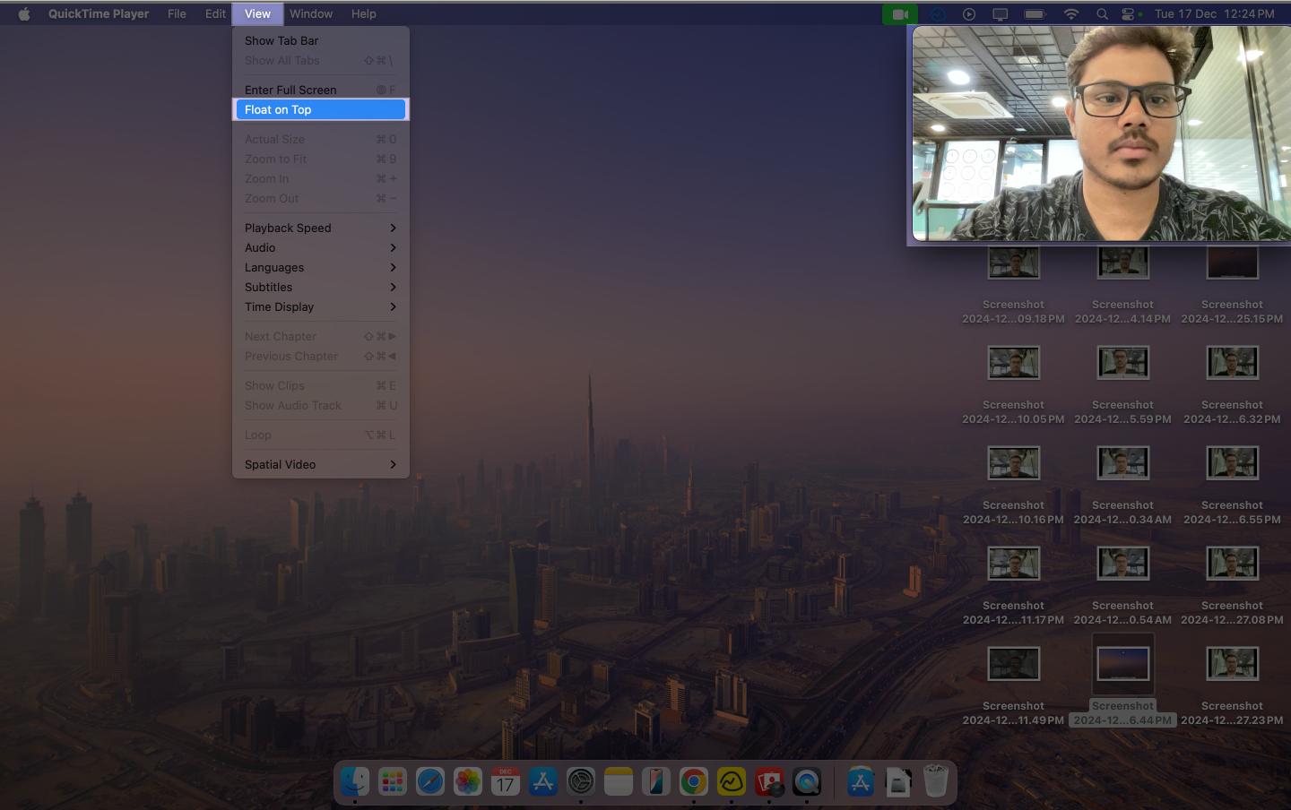 Making Quick Time Player window float on top on a Mac.
