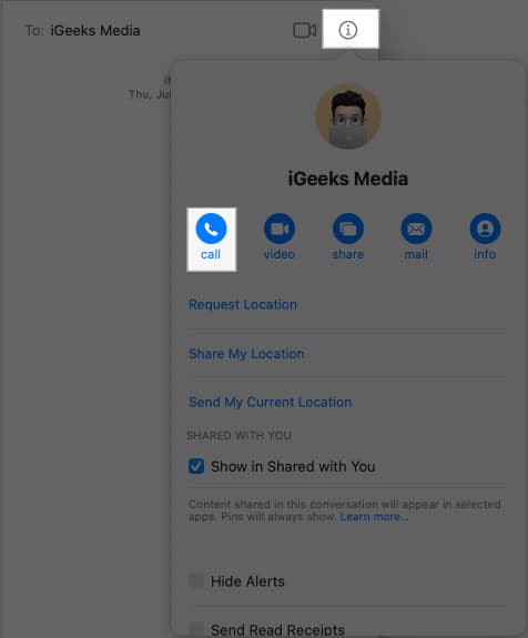 Call option in a conversation in the macOS Messages app.