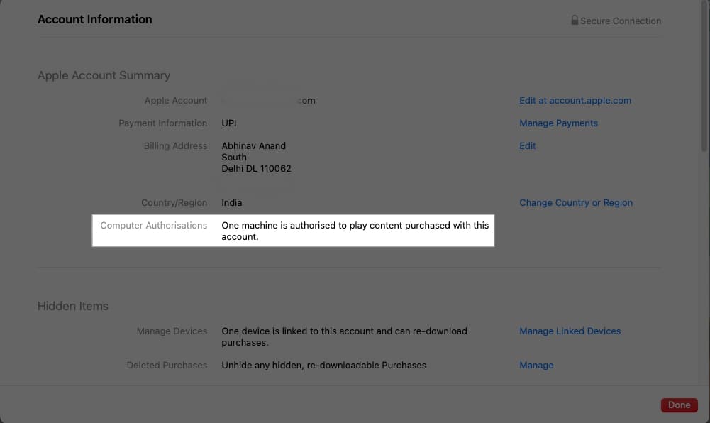 Checking all the authorized devices from the Apple Account settings on a Mac.