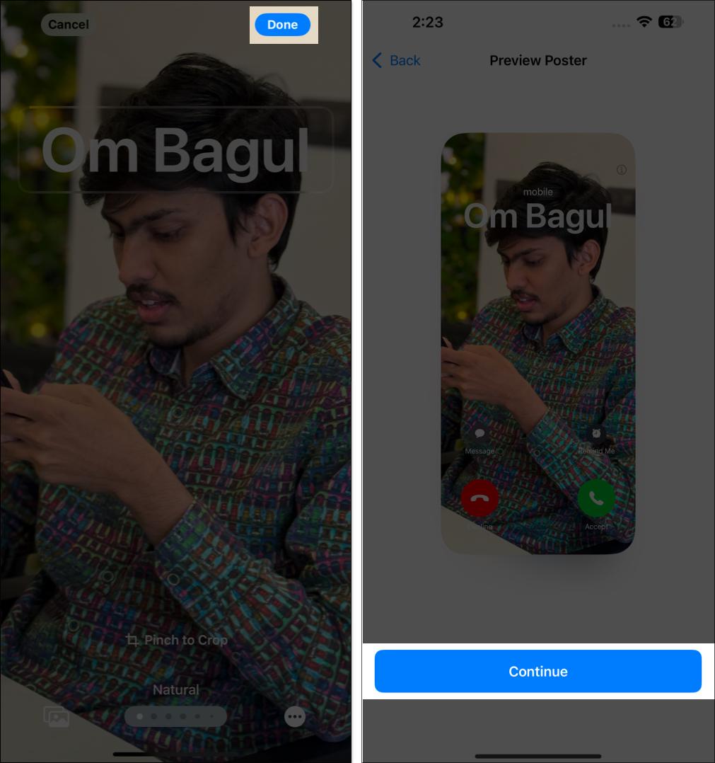 Customizing contact photo in Full Screen on iPhone.