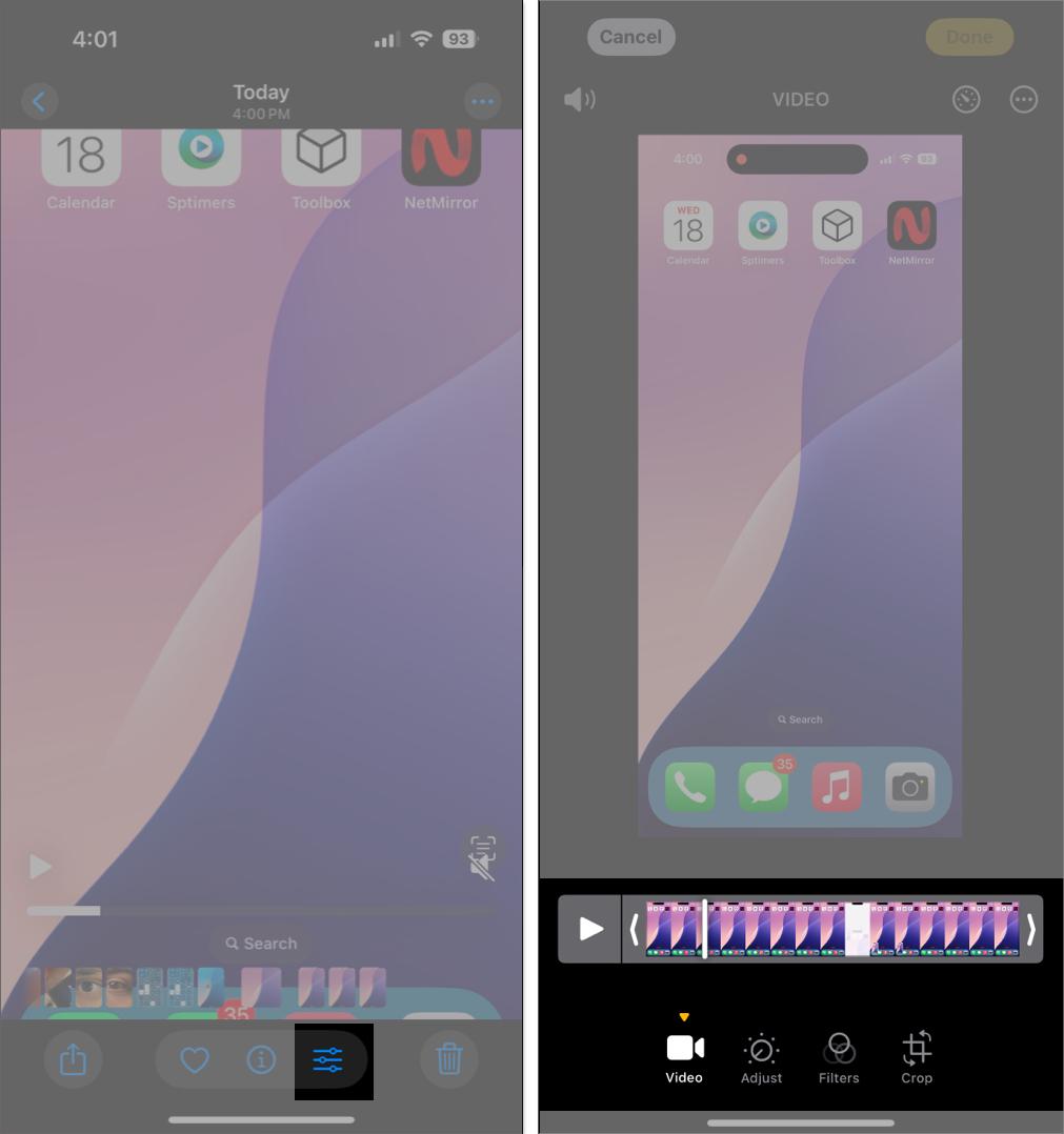 Editing recorded screen video on iPhone in Photos app.
