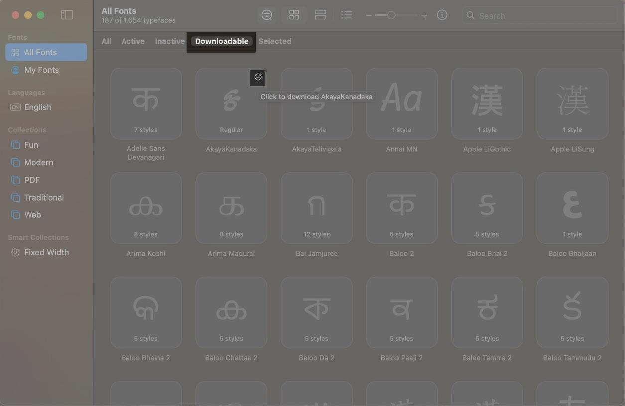Downloadable tab in the Font Book app on a Mac.