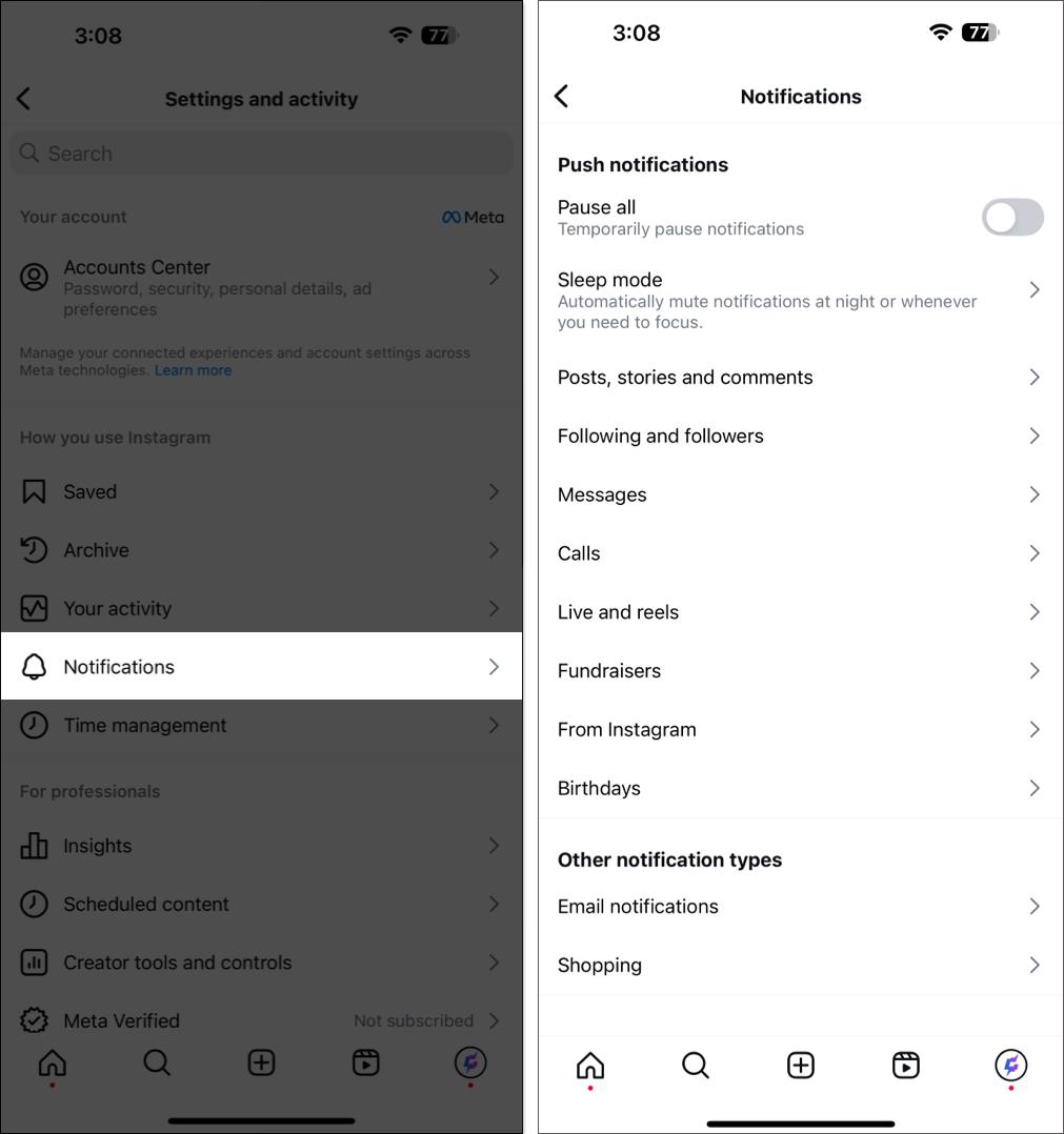 Accessing notification settings for an Instagram account on the iPhone app.