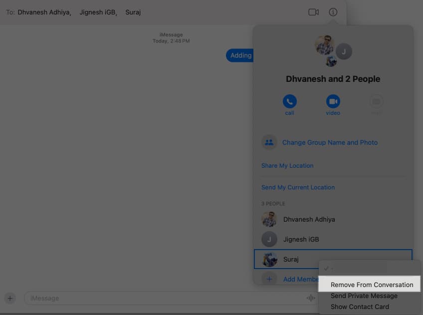 Removing a member from a group conversation in macOS Messages app.