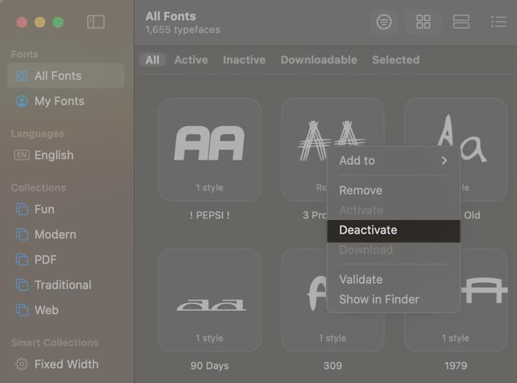 Deactivate option to remove a font from the Font Book app on a Mac.