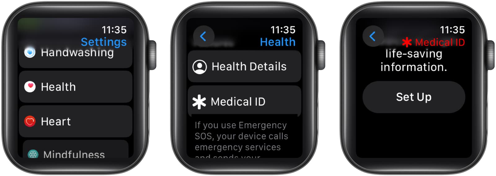 Select Heath from settings app on Apple Watch and tap on Medical ID.