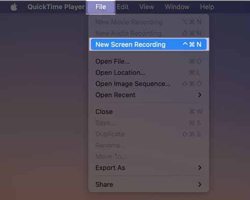 Starting a new screen recording in the QuickTime Player.