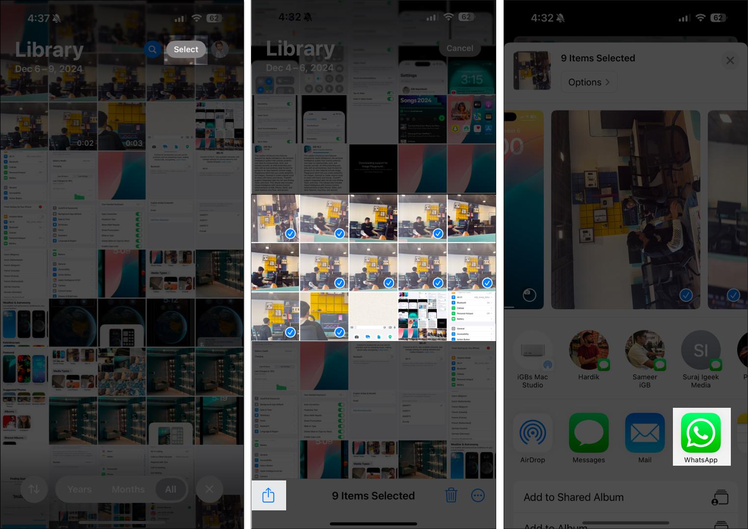 Selecting images to share in the Photos app and choosing WhatsApp in the Share Sheet.