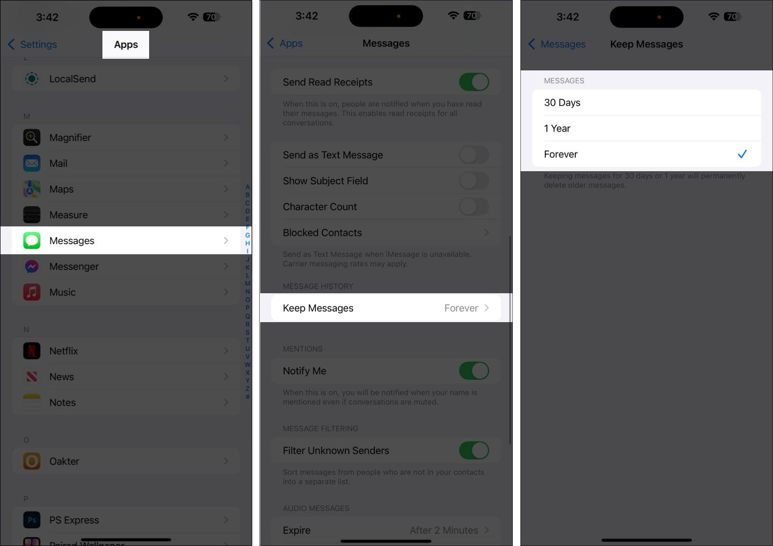 Select time period in Keep Messages settings to delete messages automatically on iPhone.
