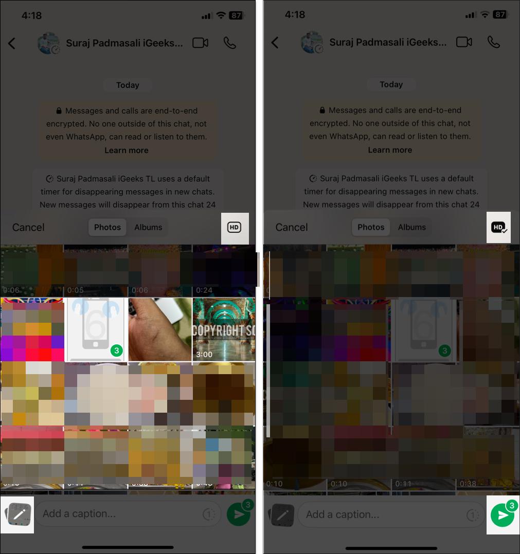 Changing the image quality of selected pictures to HD on WhatsApp and sending them.