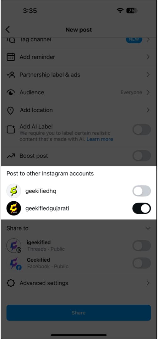 Sharing a post to different Instagram accounts simultaneously on the iPhone app.